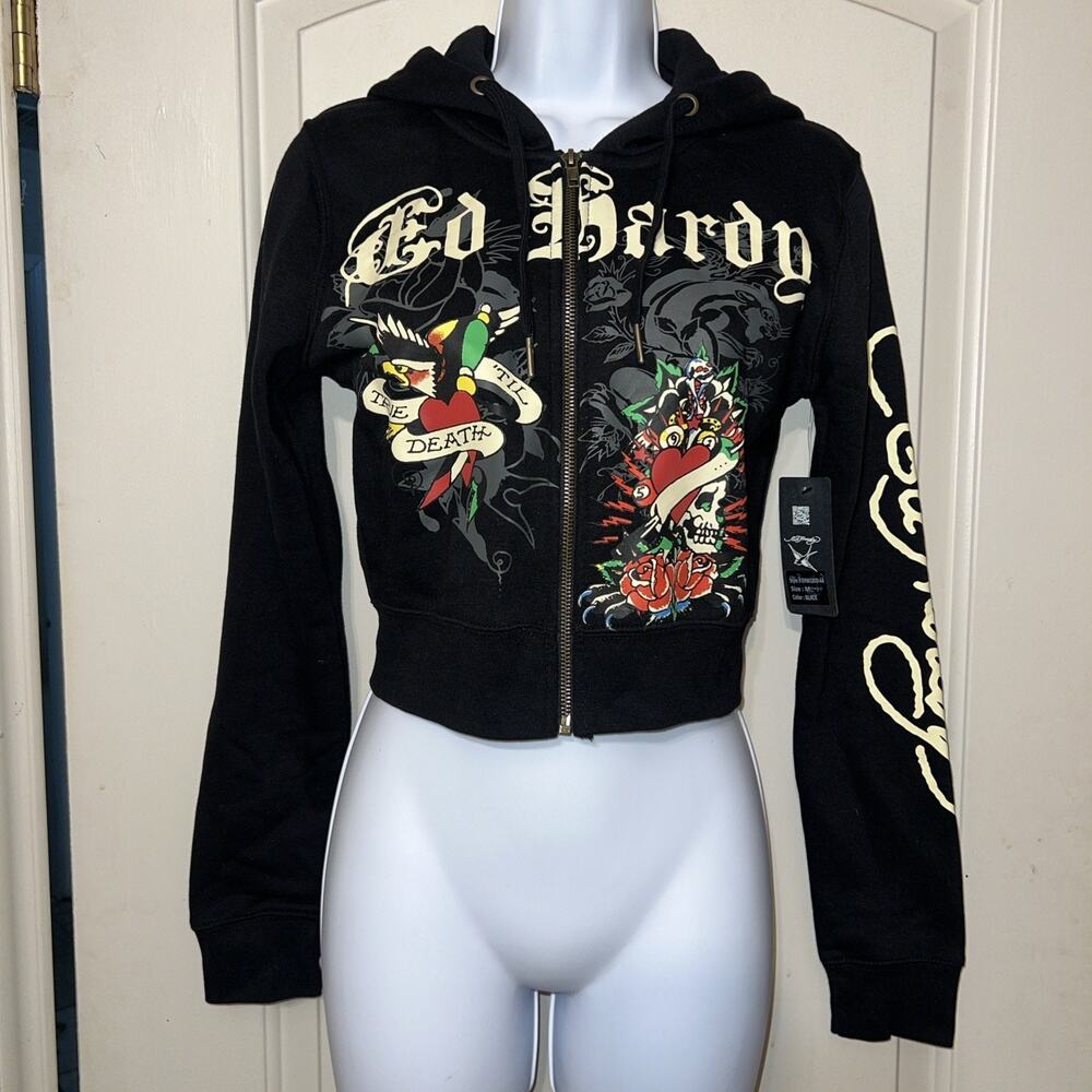 Ed Hardy Zip Up Hoodie Black Tattoo Graphic Cropped Women’s Size M